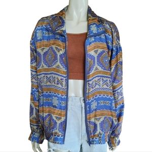 Vintage 90s Silk Jacket size Medium Aztek Style Print Oversized Fit